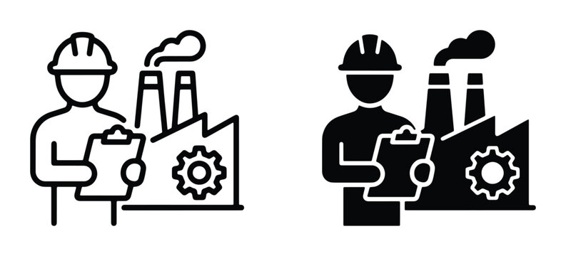 Industrial engineer icon set, factory worker with clipboard vector, manufacturing plant supervisor and production facility management symbols