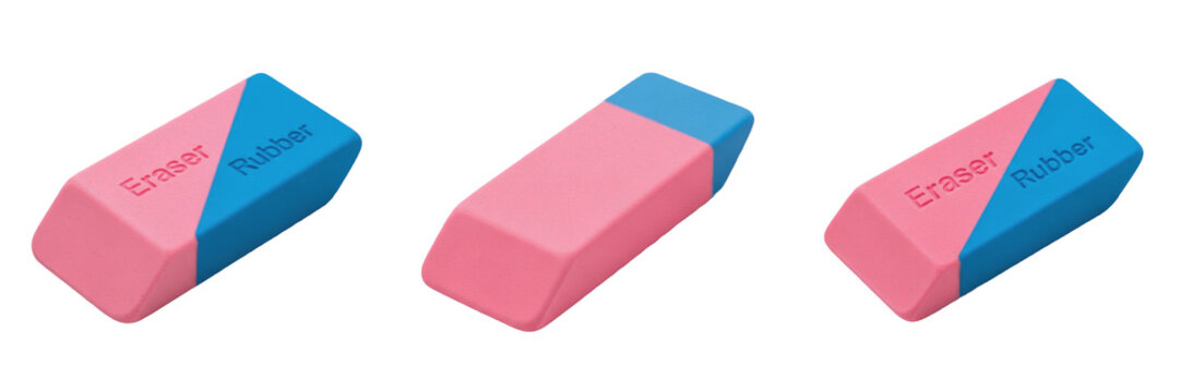 Set and collection of pink and blue eraser isolated on white transparent png background