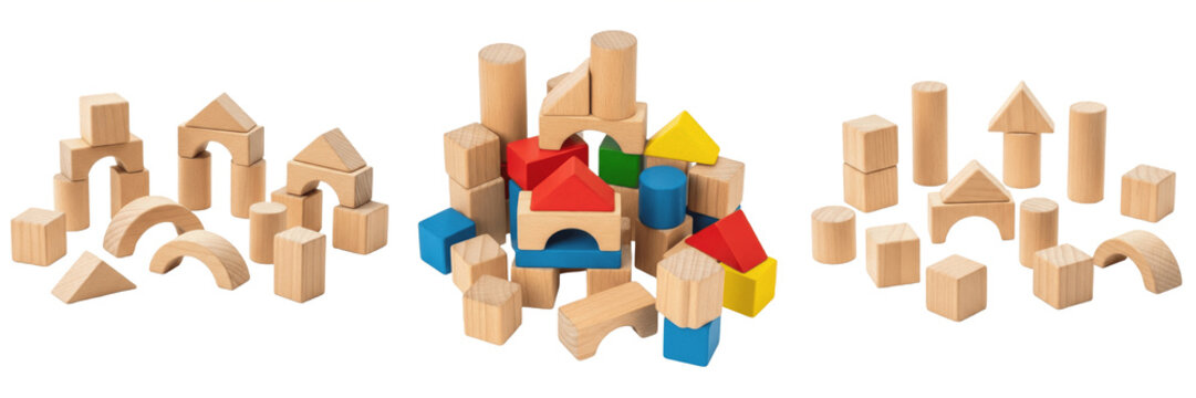 Set and collection of wooden toy blocks isolated on white transparent png background