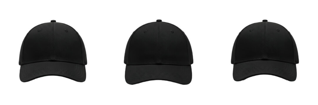 Set and collection of black baseball cap isolated on white transparent png background