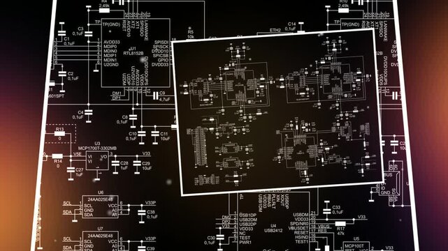 Video animation with schematic diagram of 
electronic device. Drawing electrical circuit with 
integrated circuit, resistor, capacitor, fuse, connector, quartz resonator, twisted pair, usb, i2c, other