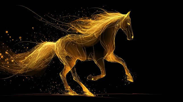 Chinese traditional lunar new year Spring Festival celebration in Asia. A digital artwork of a galloping horse with a golden hue against a black background, creating a striking contrast.