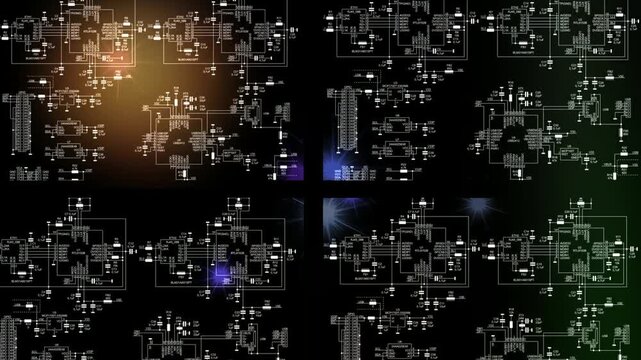 Video animation with schematic diagram of 
electronic device. Drawing electrical circuit with 
integrated circuit, resistor, capacitor, fuse, connector, quartz resonator, twisted pair, usb, i2c, other
