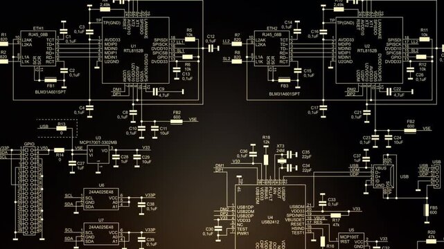 Video animation with schematic diagram of 
electronic device. Drawing electrical circuit with 
integrated circuit, resistor, capacitor, fuse, connector, quartz resonator, twisted pair, usb, i2c, other