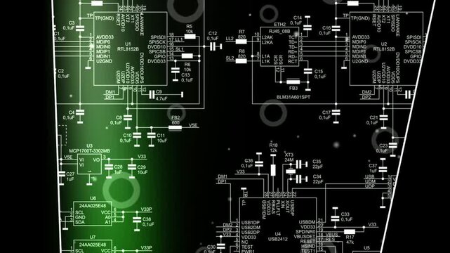 Video animation with schematic diagram of 
electronic device. Drawing electrical circuit with 
integrated circuit, resistor, capacitor, fuse, connector, quartz resonator, twisted pair, usb, i2c, other