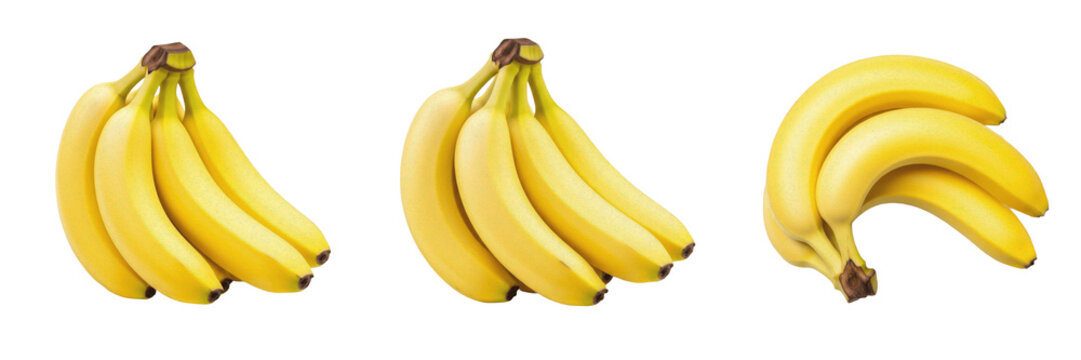 Set and collection of fresh yellow banana bunch isolated on white transparent png background