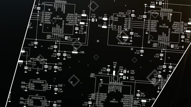 Video animation with schematic diagram of 
electronic device. Drawing electrical circuit with 
integrated circuit, resistor, capacitor, fuse, connector, quartz resonator, twisted pair, usb, i2c, other