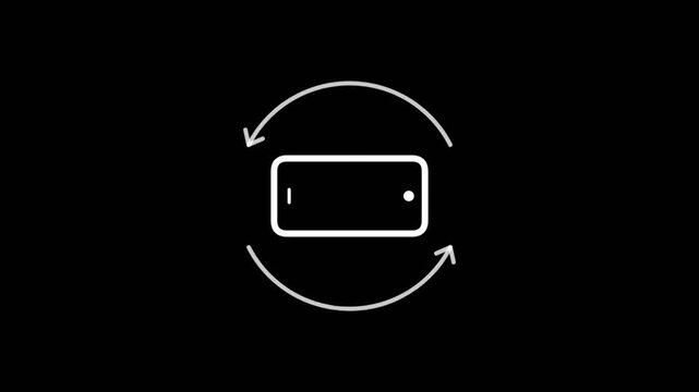 Minimalist white line drawing of a mobile phone rotating to landscape orientation with circular arrows.