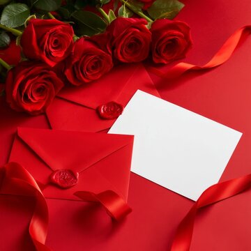 Roses and Envelopes on Red Background for Special Occasion or Message