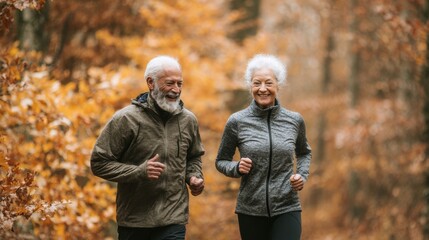 Obraz premium Cardio sports exercise, healthy lifestyle. An older couple jogging through an autumn forest. The trees are adorned with vibrant red, orange, and yellow leaves.