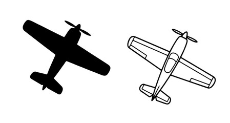 Two airplanes, one solid black and one outlined in black, flying side by side in the sky, illustration, simple design, graphic resource. © Sarfaraz