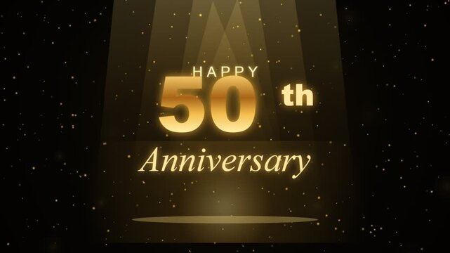 Golden happy 50th anniversary text appearing under bright spotlights with sparkling glitter particles