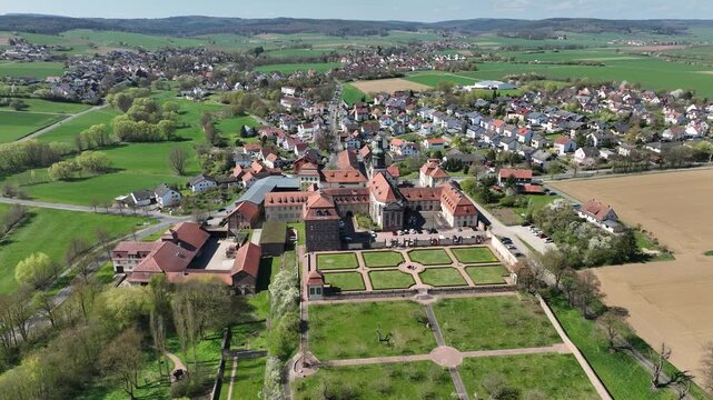 Aerial View Propstei Johannesberg, , Benedictine priory, district of Fulda in Hesse, Roman Catholic parish church of St. John the Baptist, Germany