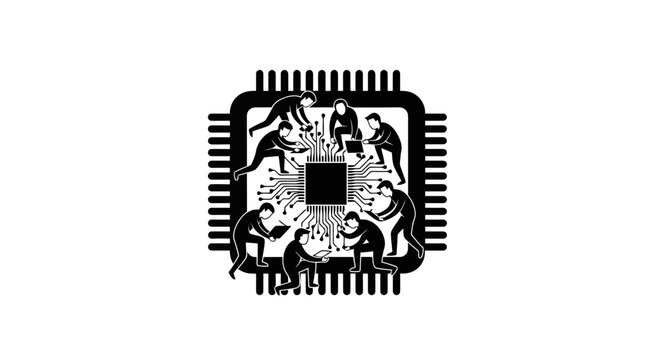 A black and white illustration of a microchip with a floral design.