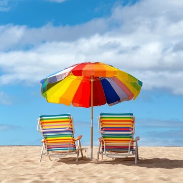 Two Beach Chairs Under a Colorful Umbrella on a Sandy Shore With Clouds in the Sky