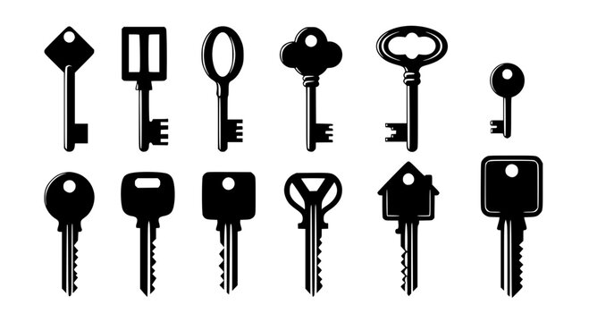 A set of 12 isolated key vector silhouettes, old and new. Transparent SVG version.