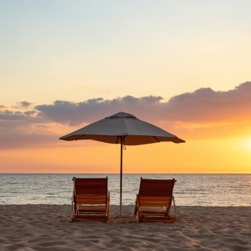 Enjoying Sunset at the Beach With Chairs and Umbrella in the Evening