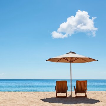 Two Lounge Chairs Under a Beach Umbrella Facing Calm Blue Sea on a Clear Sunny Day