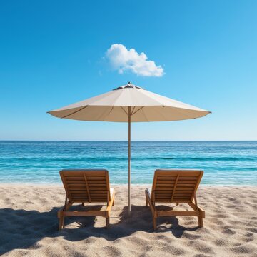 Two Lounge Chairs Under a Beach Umbrella Facing Calm Blue Sea on a Clear Sunny Day
