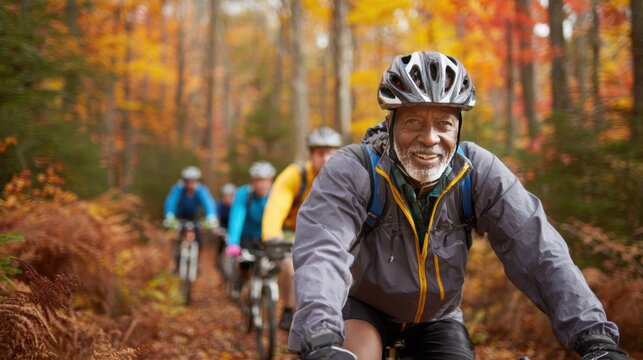 Cardio sports cycling biking exercise training, healthy lifestyle. A man riding a bicycle through a forest in the fall. He is wearing a jacket, helmet, gloves, and a bag.