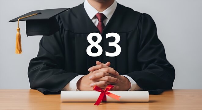 Graduation student with diploma, cap and gown, showing number 83 on chest, concept of academic achievement