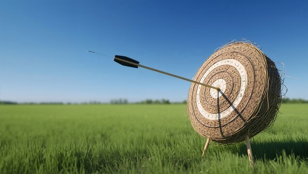 Archery arrow hitting the bullseye of a traditional straw target