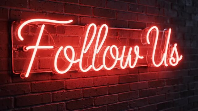 Red neon lights display follow us message against a dark background with a brick wall at night
