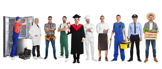 Obraz premium Graduate student and men of various occupations on white background. Choice of profession