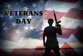 Obraz premium Veterans Day poster. Silhouette of soldier and flag of USA, double exposure
