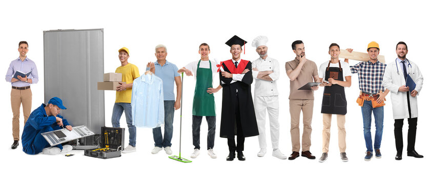 Graduate student and men of various occupations on white background. Choice of profession