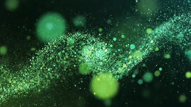 Enjoy sparkling green particles dancing in the background of a vibrant scene filled with lively movement and light