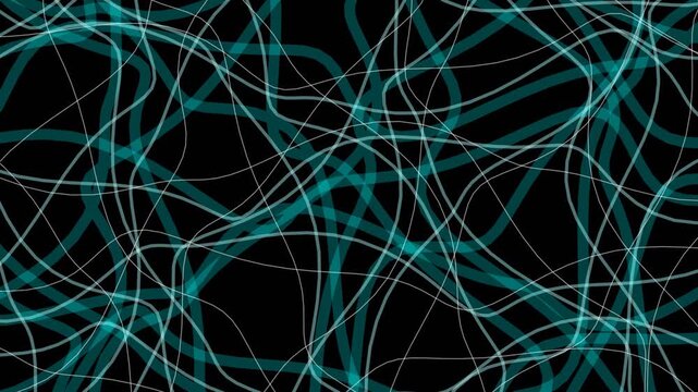 Abstract teal ribbons and thin white dashed lines flow and intersect to form a complex digital network pattern