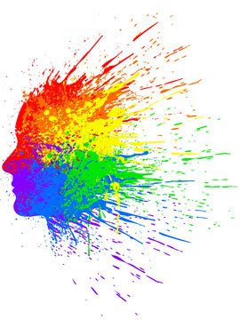 detailed grungy colorful ink or paint splatter abstract head side view vector isolated on transparent background