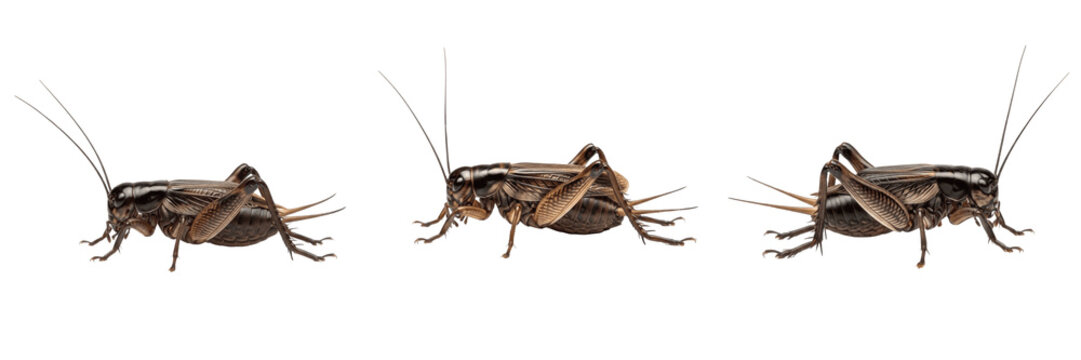 Set and collection of brown cricket insect isolated on white transparent png background