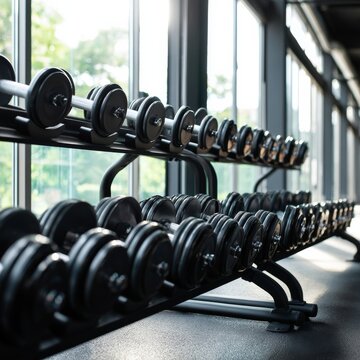 Weights Arranged Neatly in a Gym With Large Windows Showing Sunlight During the Day