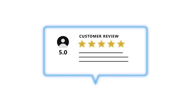 Five star customer review graphic with a glowing blue border and user icon showing a perfect five point zero rating