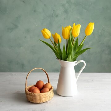Bright Yellow Tulips in a White Pitcher Next to a Basket of Eggs on a Table