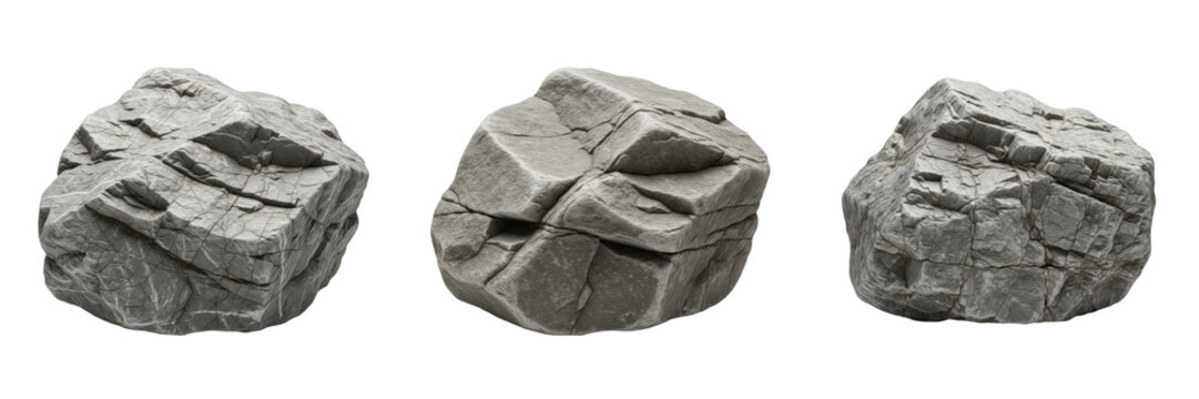 Set and collection of grey natural rock isolated on white transparent png background