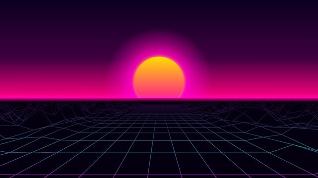 Retro futuristic 80s synthwave background with a glowing neon sun and a digital wireframe grid landscape