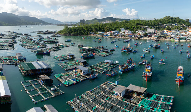 A scenic aerial view of a bustling fishing village in Hon Mieu, Nha Trang, Vietnam, showcasing numerous boats and floating fish farms. 