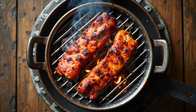 Grilled sausages cooking on barbecue grill
