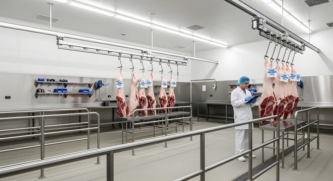 Clean meat inspection room with hanging carcasses and safety rails in a realistic food industry environment