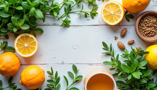 Lemons and herbs on wooden table with ingredients surrounding

