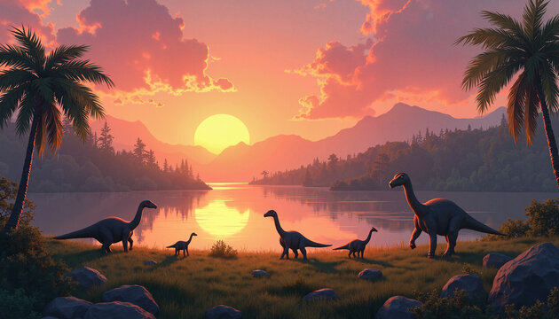 Dinosaurs grazing by a lake at sunset with mountains in background

