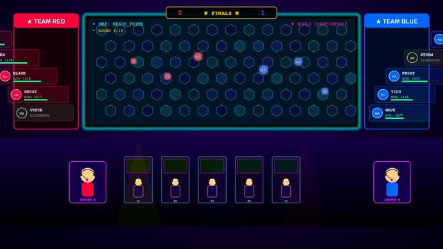 A sophisticated Virtual Broadcast Studio interface displays a dynamic eSports competition with shifting scores and strategic hexagonal map updates during a high stakes gaming tournament