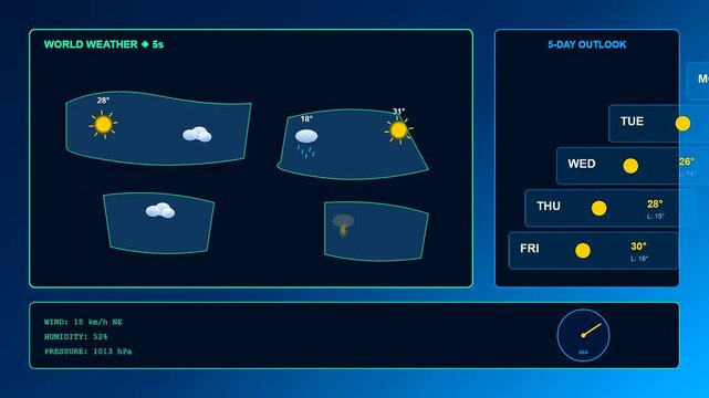 A futuristic Virtual Broadcast Studio interface displays dynamic weather forecast animations with sliding meteorological data panels and digital atmospheric indicators for high end news production
