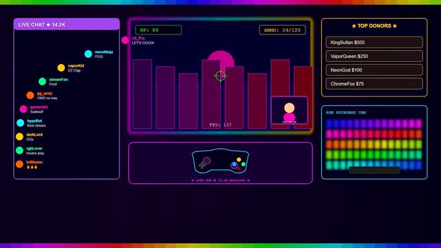 A dynamic Virtual Broadcast Studio interface featuring glowing neon graphics and real time data streams for professional gaming influencers creating interactive digital content for audiences