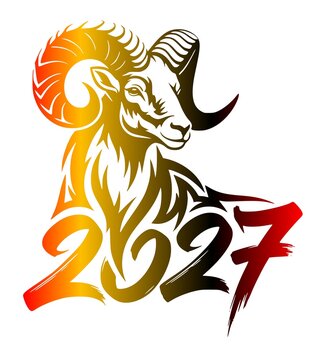 Year of the Ram 2027. Stylized vector illustration of a horned goat symbol for Chinese Lunar New Year with calligraphy numbers.