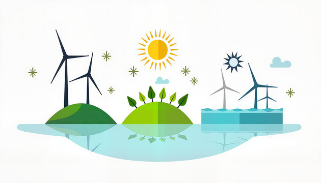 Wind turbines and sun over green hills and water
