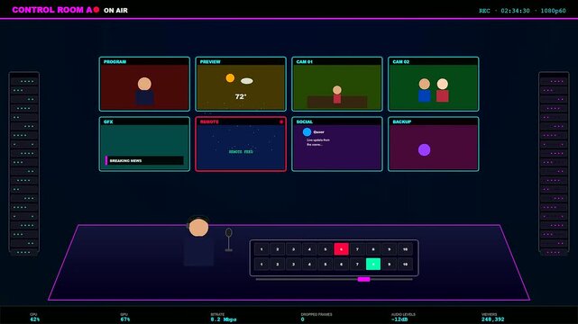 A sophisticated Virtual Broadcast Studio interface demonstrating a seamless transition between multiple camera angles and digital feeds within a sleek futuristic control room environment